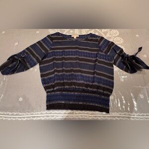 MICHAEL KORS Blue Black Striped Houndstooth Cable Design Smocked Top. Size: XL